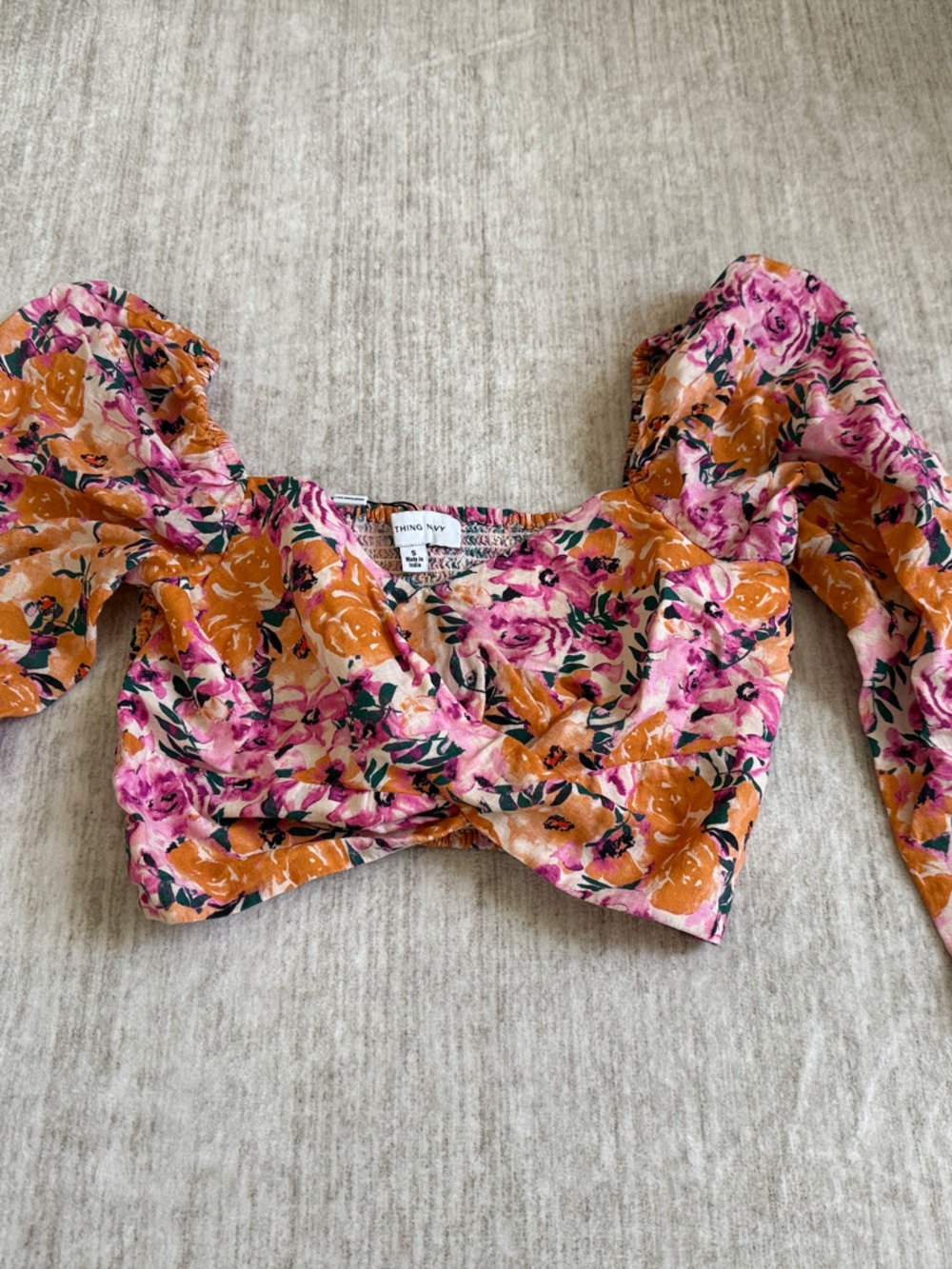 Floral Puff Sleeve Cropped Top in Pink & Mustard